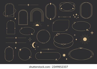 Golden celestial frame, border, arch line art esoteric minimal decoration with sparkles isolated on dark background.