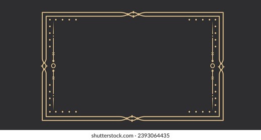 Golden celestial frame, border, line art esoteric minimal decoration with sparkles isolated on dark background.