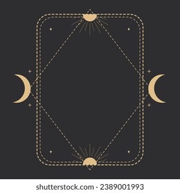 Golden celestial frame with moon, border, line art esoteric minimal decoration with sparkles isolated on dark background.