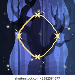 Golden Celestial Frame On Fantasy Fairy Mystical Forest Trees Blue Illustration Abstract Background Vector