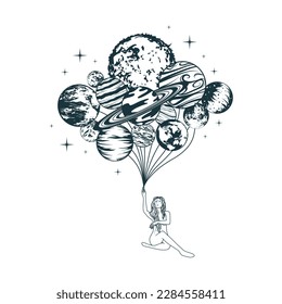 Golden celestial girl holding a bunch of balloons-planets. Hand drawn vector illustration for print, poster, tattoo and greeting card.