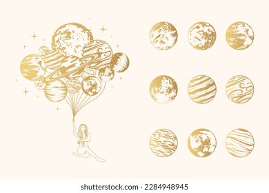 Golden celestial girl holding a bunch of balloons-planets and nine mystical planets. Hand drawn isolated  set of space design elements for print, poster and greeting card.
