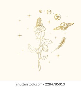 Golden celestial girl sitting on a rose flower surrounded by planets and stars. Mystical hand drawn vector illustration for print, sticker and greeting card.