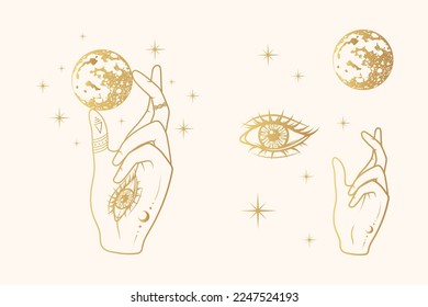 Golden celestial hand with all-see eye holding a planet. Hand drawn isolated set. Vector illustration  for esoteric and  witchcraft.