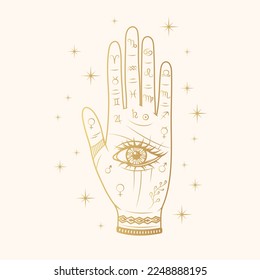 Golden celestial hand with all-seeing eye and palmistry diagram.  Hand drawn symbol  of prediction, fortune telling. Magic mystic vector illustration for esoteric, witchcraft and stickers.