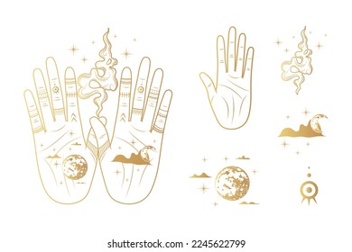 Golden celestial hand with moon, planet, fire and palmistry diagram.  Hand drawn symbol  of prediction, fortune telling. Magic mystic vector illustration isolated background for esoteric, witchcraft