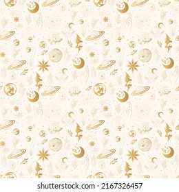 Golden celestial hands with esoteric symbols and space bodies.  Seamless pattern for wrapping paper, textile and background. Mystical vector  illustration.