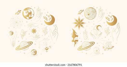 Golden celestial hands with esoteric symbols and space bodies. Two round vector illustrations in boho style.