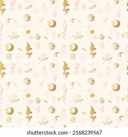 Golden celestial hands with esoteric symbols and space bodies.  Seamless pattern for wrapping paper, textile and background. Mystical vector  illustration.