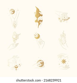 Goldene Himmelshäuser mit esoterischen Symbolen und Weltraumkörpern. Einziger Satz von Vektorgrafiken im Boho-Stil.