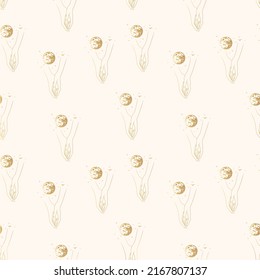 Golden celestial hands with moon, stars and birds. Hand drawn seamless pattern for wallpaper, wrapping, textile, and background. Vector linear  esoteric illustration.