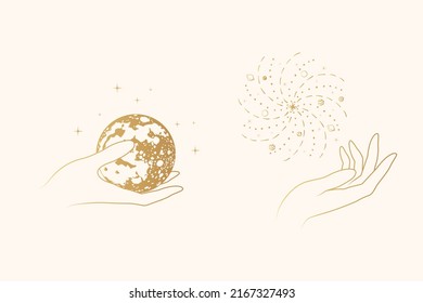 Golden celestial hands with mystical elements - planets and stars. Two vector  illustrations isolated on white background.