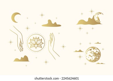 Golden celestial hands with mystical elements - moon, planets, clouds, stars and lotus. Hand drawn vector illustrations isolated on white background.