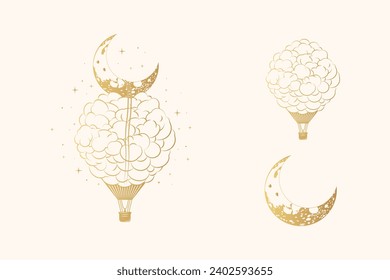 Golden celestial hot balloon and crescent moon in clouds. Hand drawn  design elements. Vector illustration for print, poster and greeting card