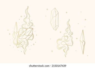 Goldene Himmelskristalle. Handgezeichnete Vektorgrafik einzeln auf weißem Hintergrund für Hexerei und T-Shirt-Druck.