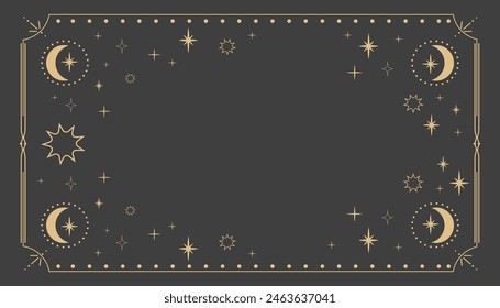 Golden celestial minimal esoteric frame, thin line border, mystyc linear decoration with dots, moon, stars corners isolated on dark background. Geometric shape, tarrot 