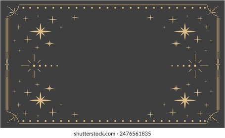 Golden celestial minimal esoteric frame, thin line border, mystyc linear decoration with dots, moon, stars corners isolated on dark background. Geometric shape, tarrot 