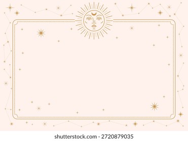 Marco esotérico mínimo celestial dorado, borde de línea delgada, decoración lineal mística con puntos, estrellas. Anuncio con un borde elegante y un lugar para el texto