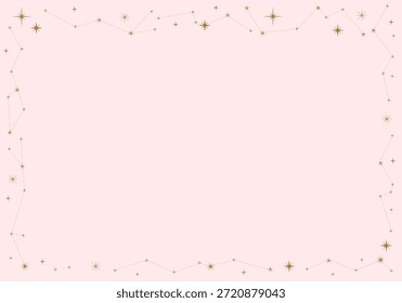 Golden celestial minimal esoteric frame, thin line border, mystyc linear decoration with dots, moon, stars corners