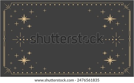 Golden celestial minimal esoteric frame, thin line border, mystyc linear decoration with dots, moon, stars corners isolated on dark background. Geometric shape, tarrot 