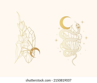 Goldene Himmelsmondkristalle, Schlange und Blumen. Zwei handgezeichnete magische Vektorgrafiken im Boho-Stil.