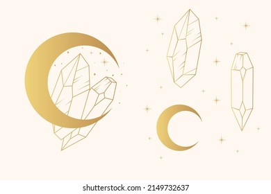 Golden celestial moon silhouette with crystal and stars. Hand drawn mystical isolated set. Vector illustration  for witchcraft.