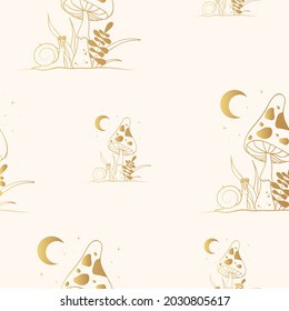 Golden celestial mushroom seamless pattern. Mystical texture with gold fungi, moon, floral elements and stars.