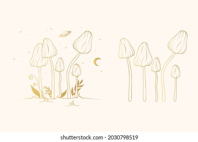 Golden celestial mushrooms. Gold Psychedelic fungi set. Esoteric clipart.