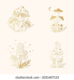 Golden celestial mushrooms. Gold Psychedelic fungi, fungus set with moon and stars.