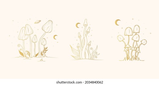 Golden Celestial mushrooms with moon and stars. Floral elements, fungi, fungus. Gold witchy clipart.