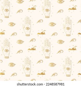 Golden celestial palmistry hand with all-see eye seamless pattern. Contemporary vector illustration in boho style for background and wall decor. Trendy texture for print, wrapping and textile.