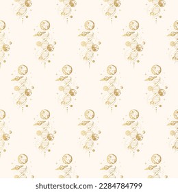 Golden celestial planets, moon, stars and dna. Hand drawn mystical seamless pattern. Vector illustration for background, textile, texture and wrapping paper.