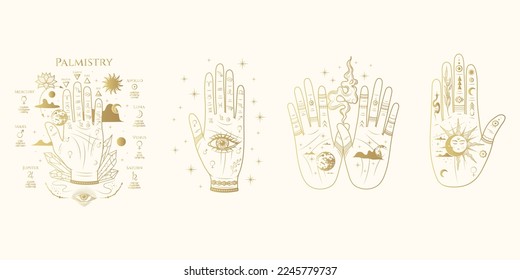 Conjunto celeste dorado de cuatro palmeras con líneas chirománticas y elementos esotéricos.  Símbolo de predicción dibujado a mano, adivinación de fortuna. Ilustración vectorial mística mágica aislada en fondo blanco.