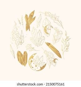 Golden celestial set of moon and flower crystals. Hand drawn linear illustration in boho style.