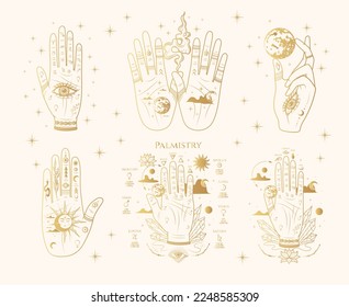 Golden celestial set of six palms with chiromantic lines and esoteric elements.  Hand drawn symbol  of prediction, fortune telling. Magic mystic vector illustration isolated on white background.