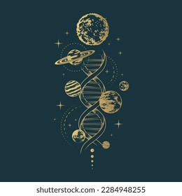 Golden celestial space composition and planets  stars   dna  Mystical hand drawn vector illustration isolated black background for greeting card   poster 