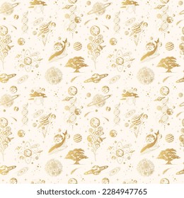 El espacio celeste dorado compensa un patrón ininterrumpido. Ilustración vectorial a mano de planetas místicos, estrellas, ballenas y árboles para fondo, textil, textura y papel envolvente.