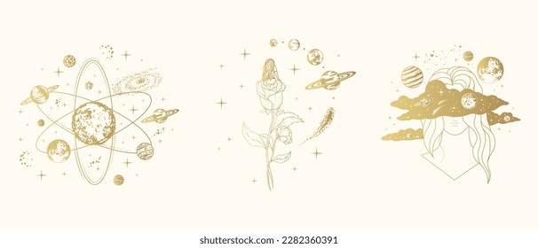 Golden celestial space compositions with woman sitting on rose, female head among clouds and planet surrounded by planets. Vector illustrations isolated on white background for greeting cards