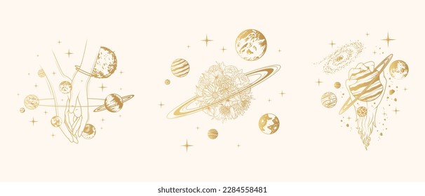 Composiciones doradas del espacio celeste con manos de mujer y planeta floral rodeadas de otros planetas. Tres ilustraciones vectoriales aisladas en fondo blanco para tarjeta de saludo y afiche.