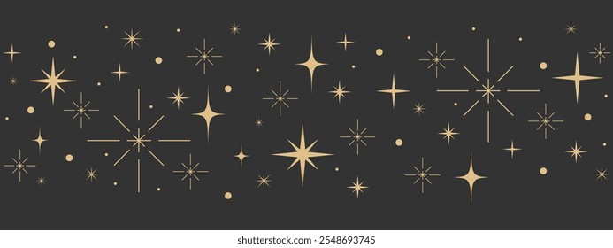 Golden celestial star border, Christmas banner, sparkles and stars pattern, divider, frame. Vector design illustration for New year holiday cover, greeting, print, poster, wallpaper.
