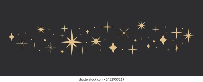 Golden celestial star border, sparkle divider, festive shiny space elements, festive lights on dark background. Holiday decoration