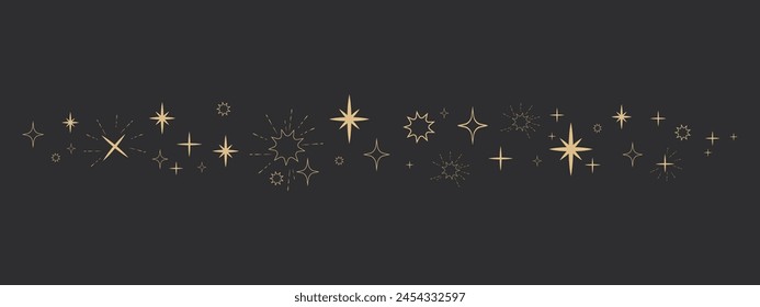 Golden celestial star border, sparkle divider, festive shiny space elements, festive lights on dark background. Holiday decoration