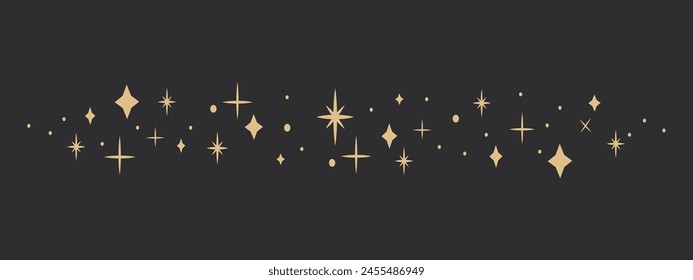 Borde de estrellas celestiales doradas, divisor de chispa, Elementos espaciales brillantes festivos, luces festivas sobre fondo oscuro. decoración de Festiva