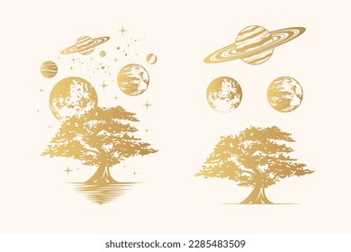 Golden celestial tree, planets and stars set. Mystical hand drawn vector illustration isolated on white for greeting card and poster.