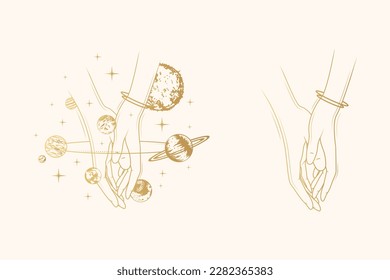 Las manos de una mujer celestial dorada rodeadas de planetas. Sistema Solar dibujado a mano y cuerpos cósmicos. Dos ilustraciones vectoriales aisladas en fondo blanco para tarjeta de saludo y afiche.