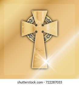 Golden Celtic cross. Element of Scandinavian or Celtic ornament. Infinity symbol
