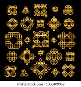 Golden celtic knots with shiny elements isolated on black background. Vector knots icon collection ornament for tattoo pattern, gaelic decoration illustration