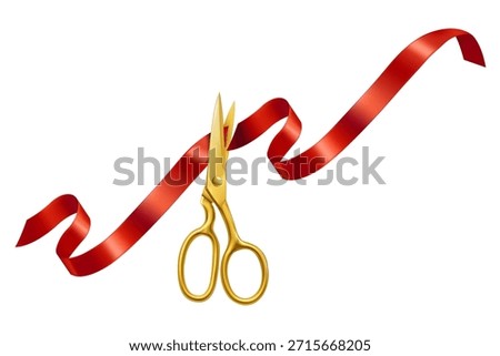 Golden ceremonial scissors cutting red ribbon on white background, symbolizing grand opening