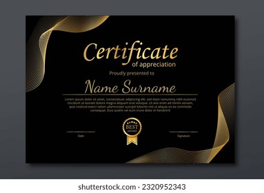 Golden certificate of appreciation concept. Award and reward for students and workers. Trophy and achievement. Winner at competitions or tournament, ceremony. Vector illustration