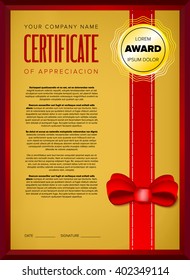Golden certificate design with red ribbon and bow